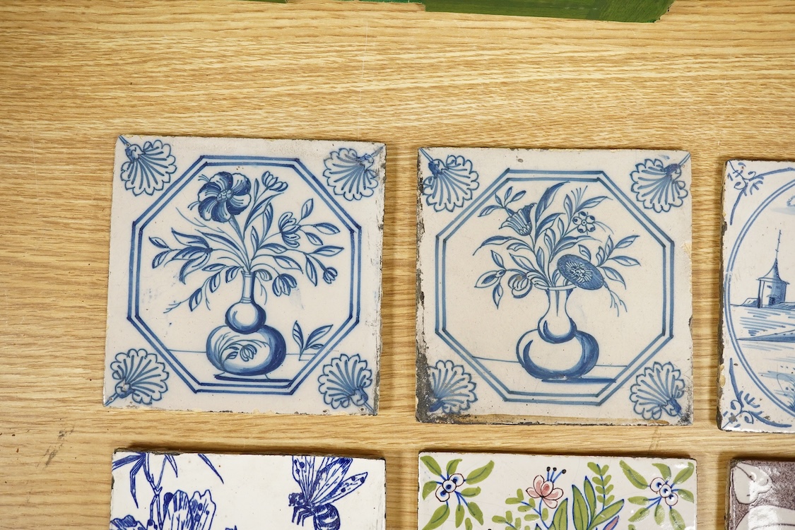 Four 18th century Dutch blue and while tiles, another in manganese and three other tiles 13cm square